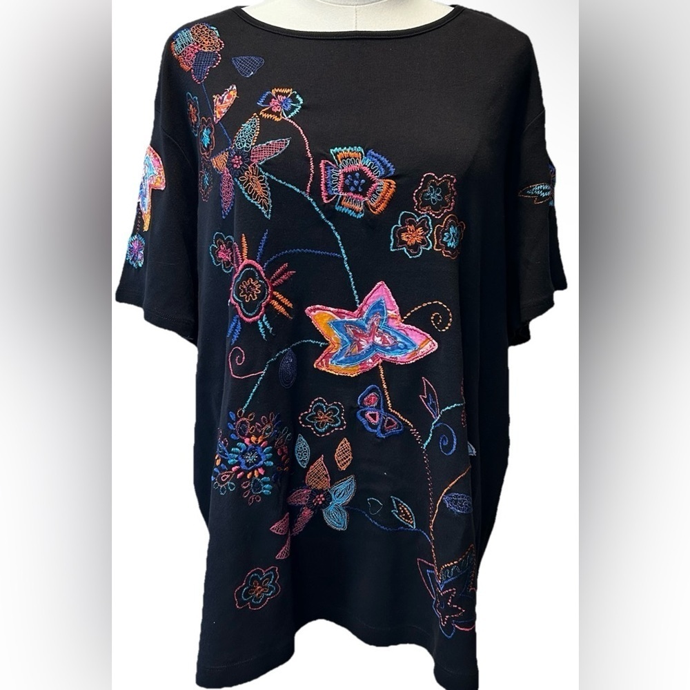 Laura Ashley Boho Black Blouse with Colorful Embroidery Size 2X